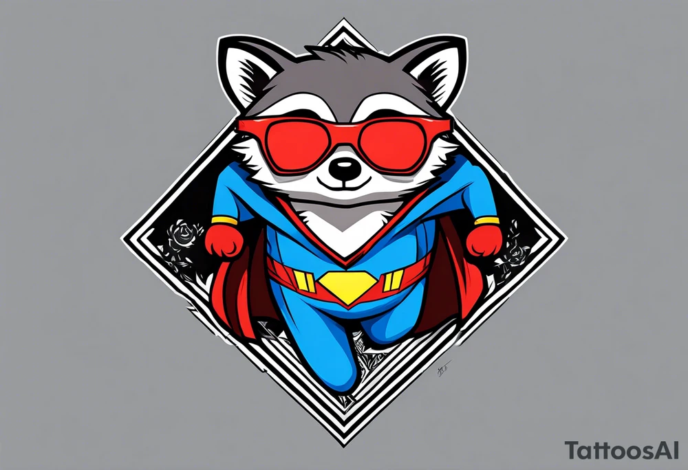 raccoon wearing a Superman hoodie tattoo idea