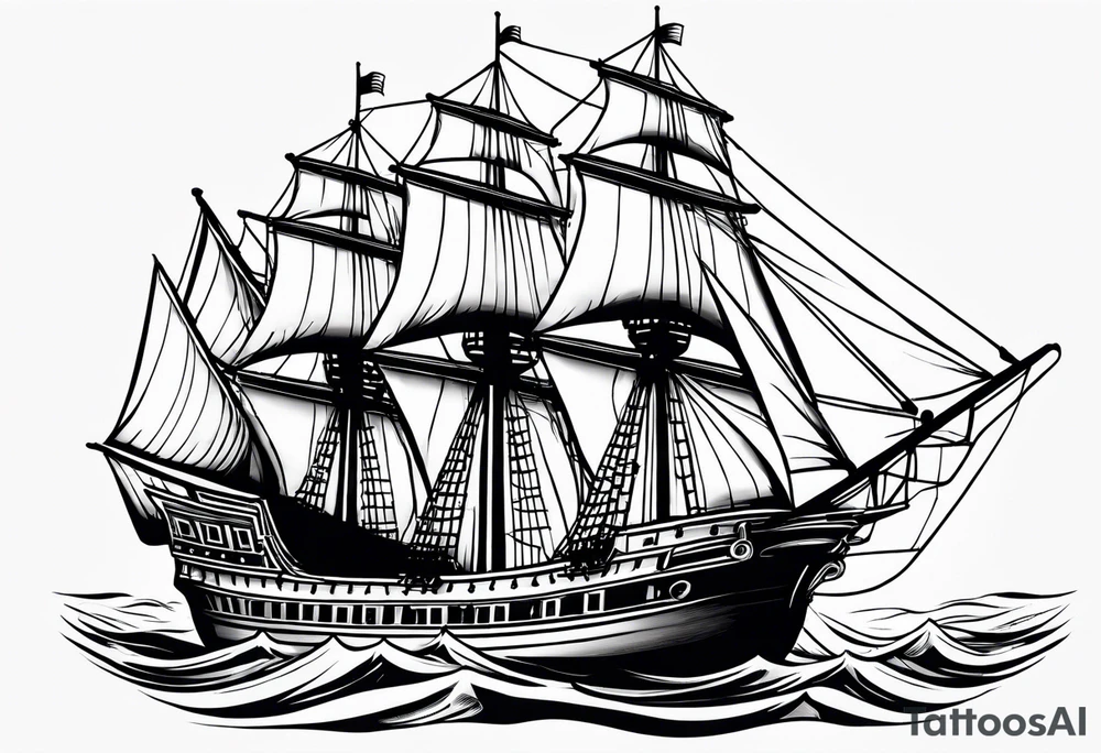 Large traditional ship facing right with calm water tattoo idea