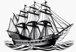 Large traditional ship facing right with calm water tattoo idea