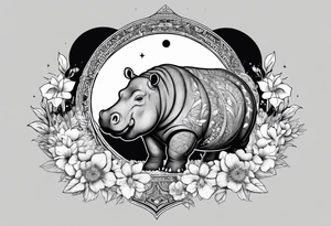 Hippo, flowers, moon, interstella, 
fine lines, tribal, geometric tattoo idea