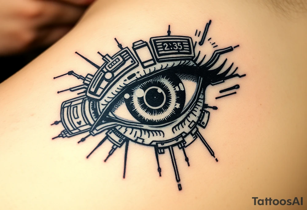 Cybernetic Eye with HUD Elements
A detailed eye with cybernetic implants and neon overlays.
A heads-up display (HUD) projecting out, featuring symbols, warnings, or static.
Neo-trad thick outlines and shading mixed with digital-style highlights. tattoo idea