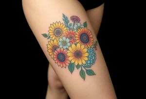 Bouquet of sunflowers, water Lillies, dahlias, marigolds, carnations, hydrangeas, daisys, and chrysanthemums tattoo idea