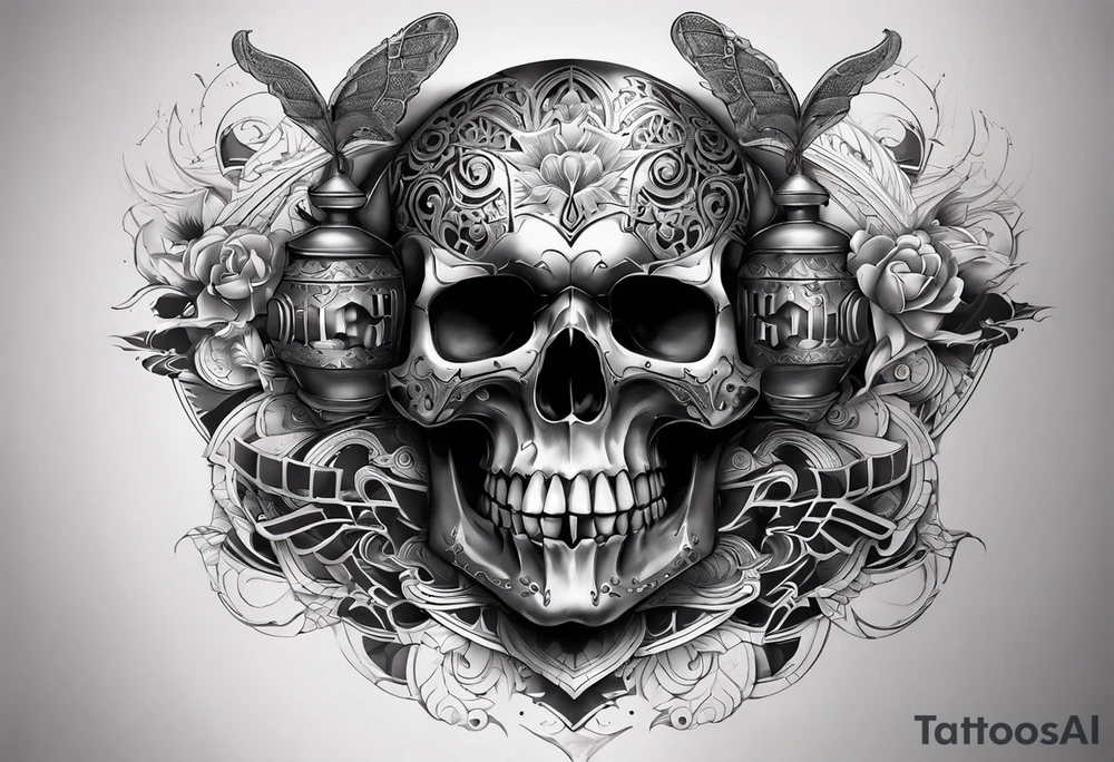 unique tattoo design featuring a skull with a muzzle that appears to be releasing or breaking free from its constraints. The design should be intricate, with detailed shading and textures to give it a realistic look. The skull should be positioned on the neck as if it's emerging from the skin. I'd like the design to be bold and eye-catching, with a mix of grey and bright colors to create a striking contrast. tattoo idea