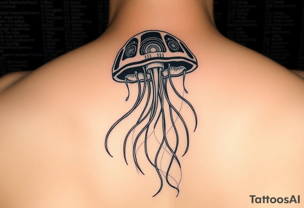 Cybernetic Jellyfish Floating in a Data Stream
A jellyfish with transparent, bio-luminescent skin showing circuits inside.
Its tendrils made of glowing fiber-optic cables.
Floating through a sea of corrupted code. tattoo idea