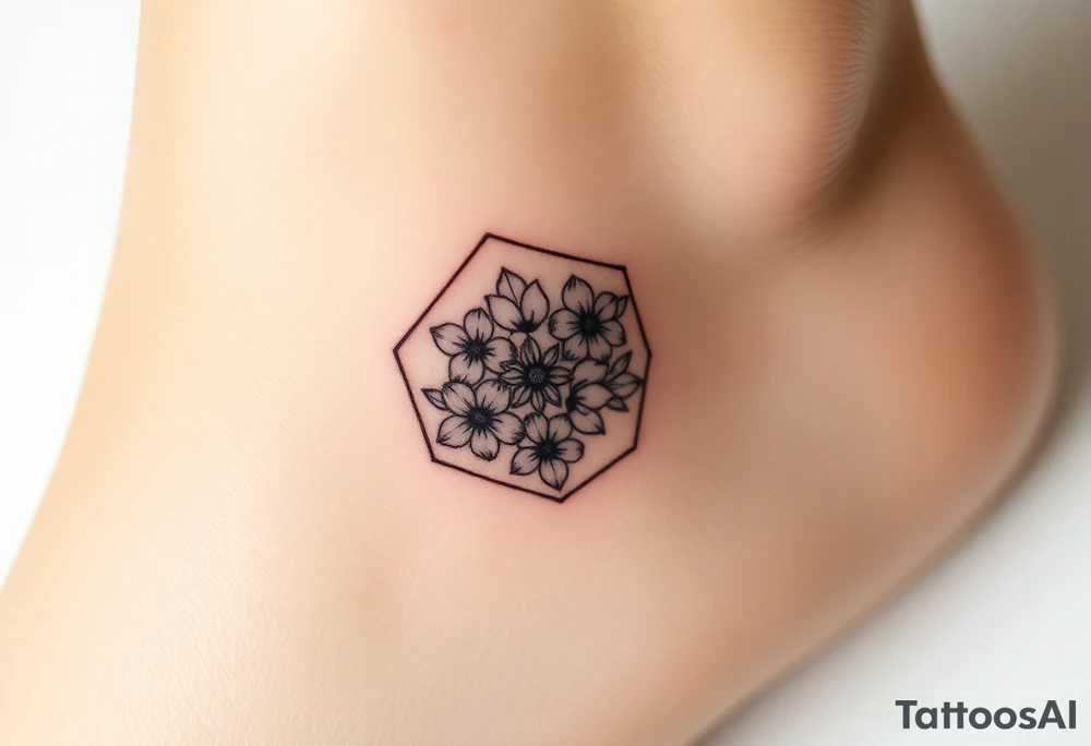 Faint Hexagon with Leo, larkspur and water lilies in the center tattoo idea