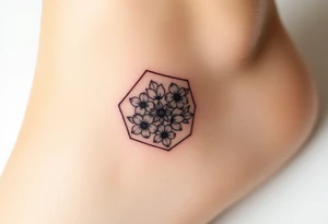 Faint Hexagon with Leo, larkspur and water lilies in the center tattoo idea