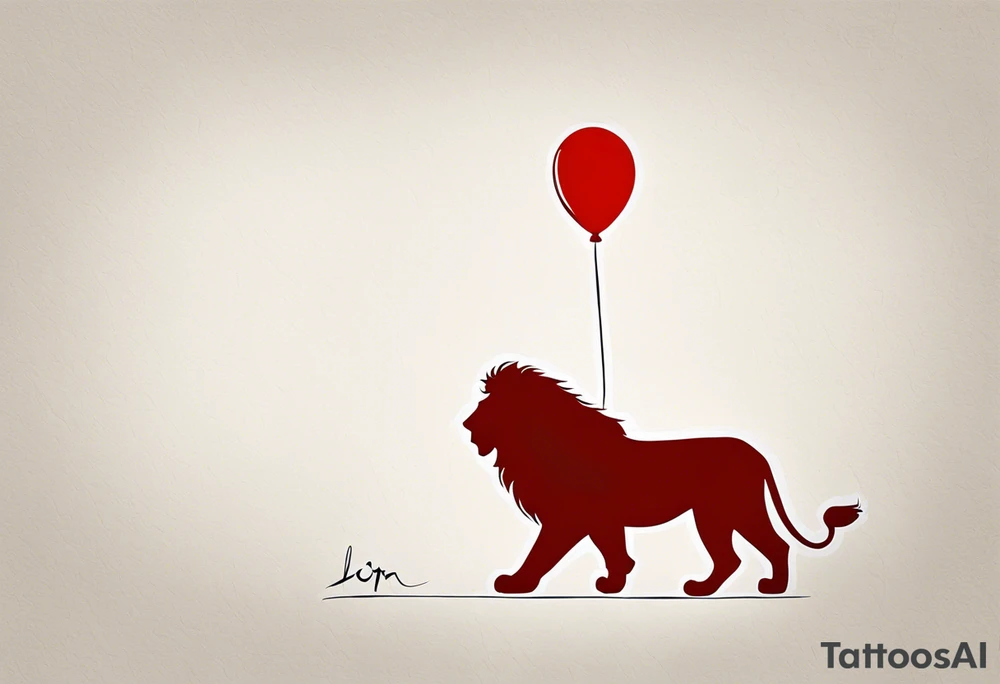 tattoo design should be in the layout of the famouse picture"small princ"  where it should remind me that I survived,and my life was saved by my husband, and he should be represented in the tattoo as a young lion holding a balloon held in the muzzle.
The baloon which is red and in Hearth shape. The whole body of lion should be visible and more abstract not so realistic.The lion is holding the string of the baloon in the muzzle. The string from the balloon should have a heartbeat pulse.The baloon should be red colored, and the rest of the image should be black only. tattoo idea