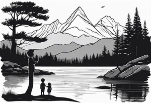 Father in between 6 year old daughter and 2 year old son. Standing by water with tree and mountains in front of them tattoo idea