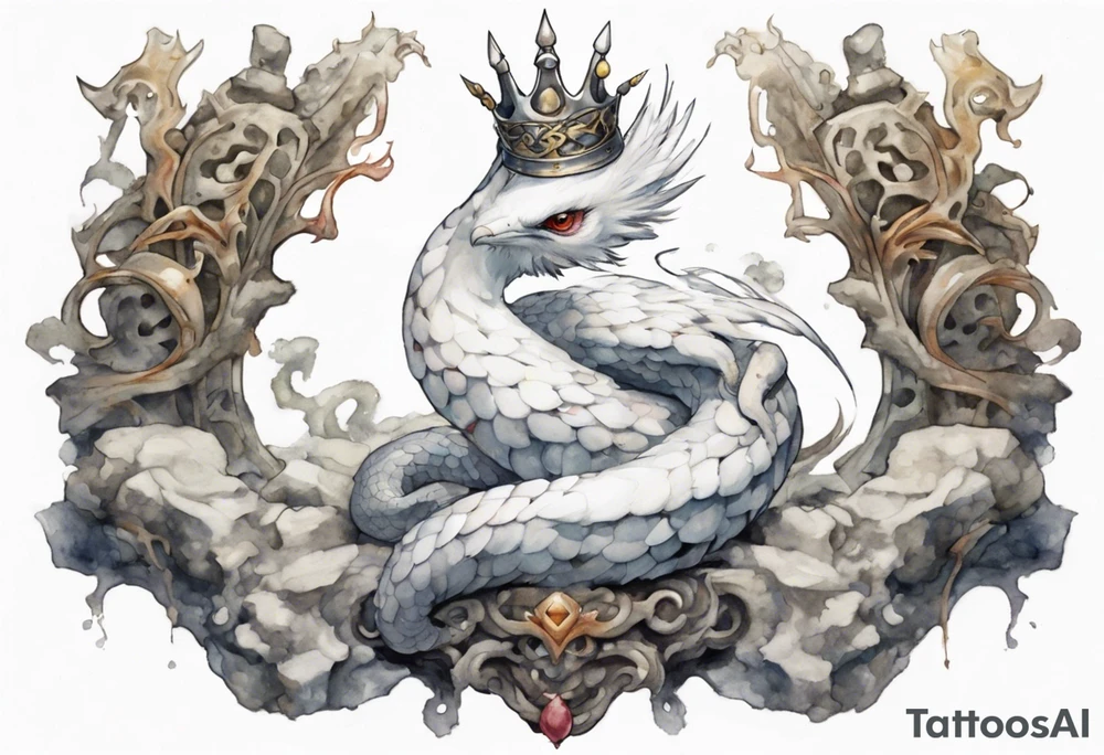 a white bird-serpent hybrid, wearing a pewter crown on its head, resting on a stone throne tattoo idea
