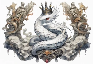 a white bird-serpent hybrid, wearing a pewter crown on its head, resting on a stone throne tattoo idea