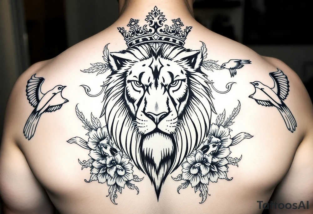 powerful majestic lion with a crown, surrounded by floral ornaments and birds tattoo idea