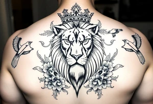 powerful majestic lion with a crown, surrounded by floral ornaments and birds tattoo idea