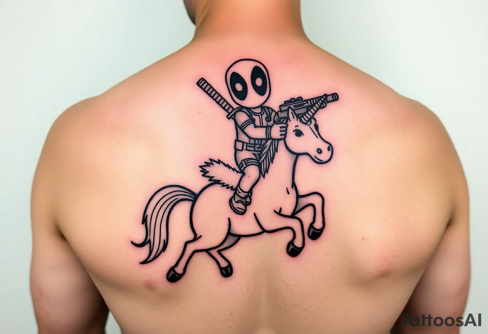 Deadpool riding unicorn holding RPG tattoo idea