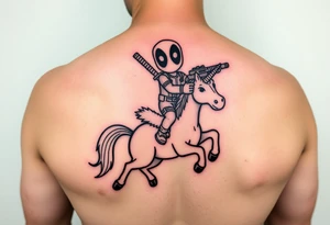 Deadpool riding unicorn holding RPG tattoo idea