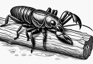 Crayfish with small body on a log with fish tattoo idea