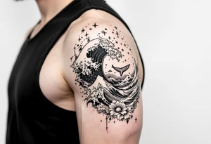 Fine line powerful ocean half sleeve with a wave, a whale and other elements with some shading tattoo idea