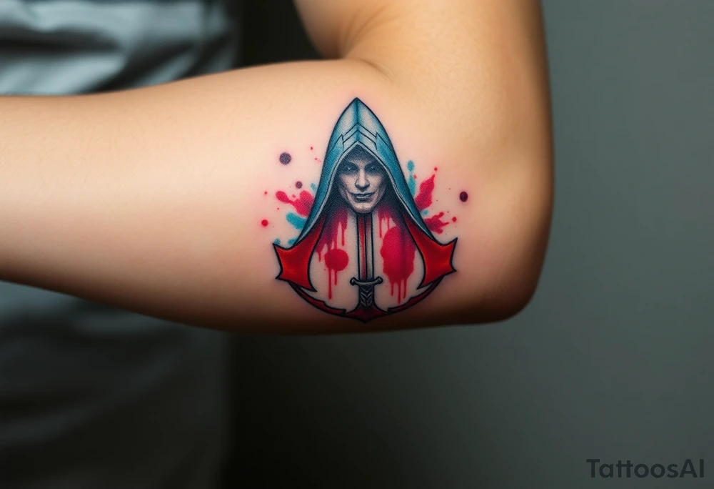 Assassins Creed emblem with hooded character, NO FACE, with blood splashes and a sword tattoo idea
