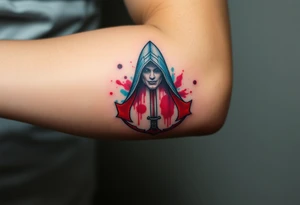 Assassins Creed emblem with hooded character, NO FACE, with blood splashes and a sword tattoo idea