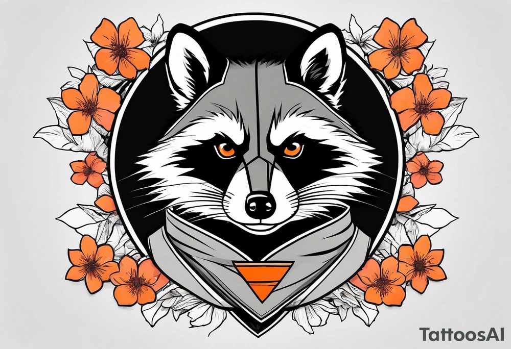 Raccoon wearing a white Superman logo on a black hoodie and orange Japanese cherry blossoms beside tattoo idea