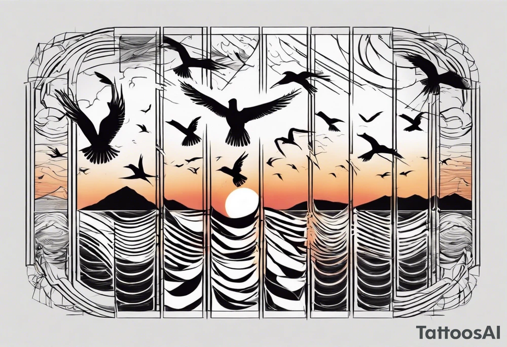 Sunset over the sea with birds flying in a rectangle tattoo idea