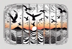 Sunset over the sea with birds flying in a rectangle tattoo idea