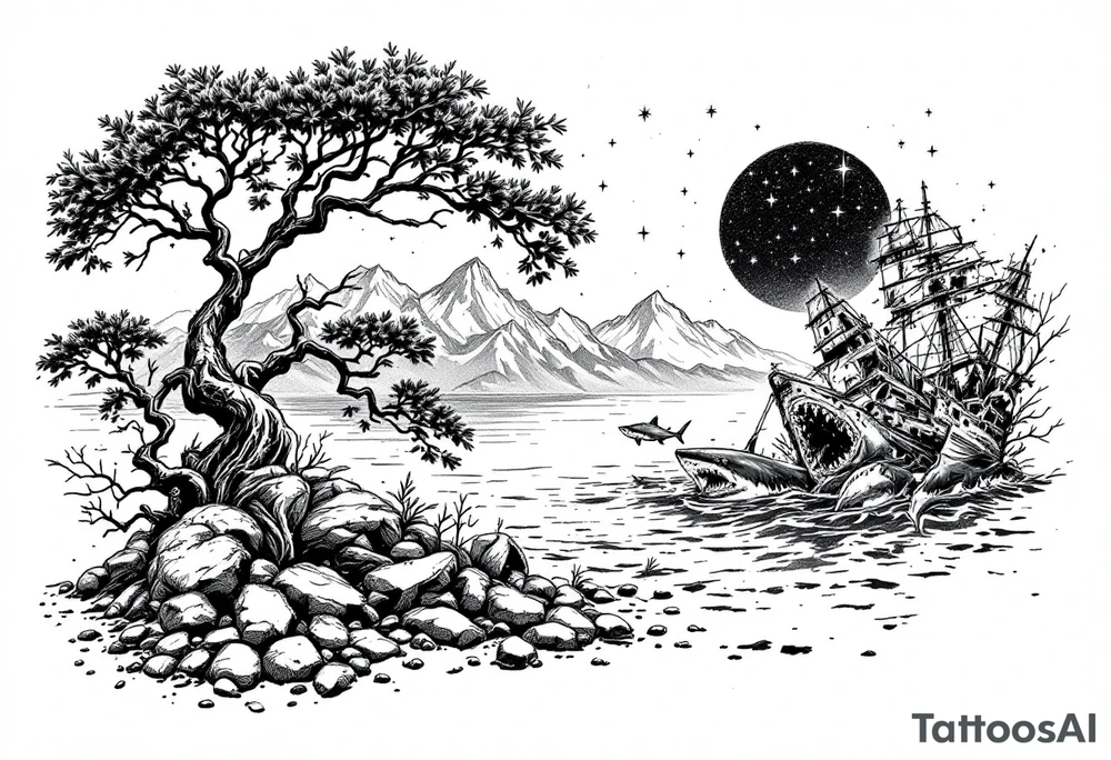 tattoo that has an acacia tree with mountains, ocean with a ship wreck with sharks and the northern star tattoo idea