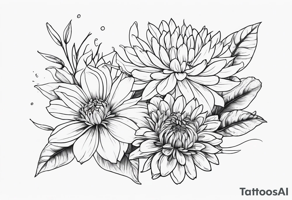 Asters, roses, Lillies, chrysanthemums in a stretched line tattoo idea