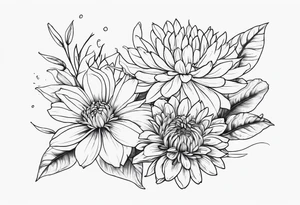 Asters, roses, Lillies, chrysanthemums in a stretched line tattoo idea