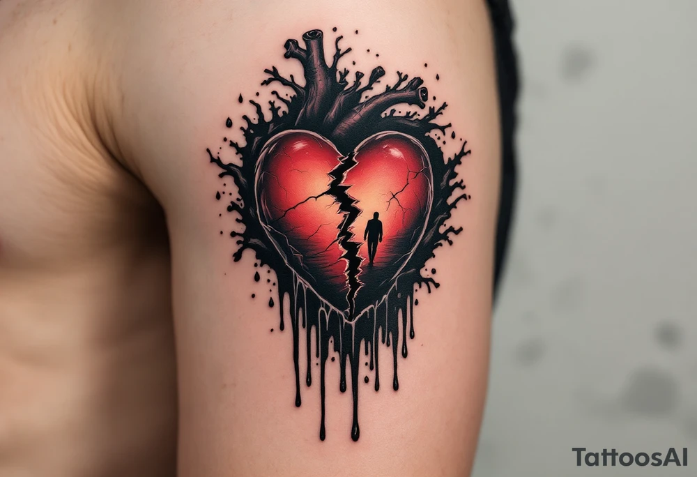 A broken heart dripping black ink, morphing into a shadowy figure walking away in the background. tattoo idea