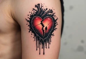 A broken heart dripping black ink, morphing into a shadowy figure walking away in the background. tattoo idea