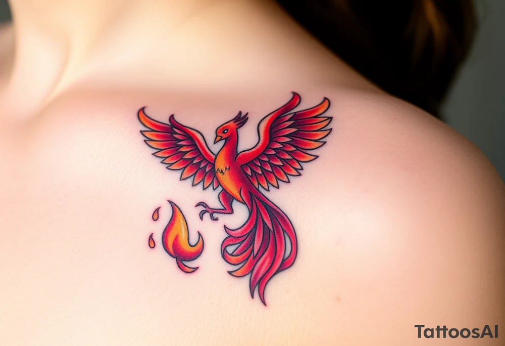 Square, phoenix rising from fire with both wings opened, colors red, pink, orange and purple. tattoo idea