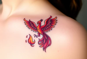 Square, phoenix rising from fire with both wings opened, colors red, pink, orange and purple. tattoo idea