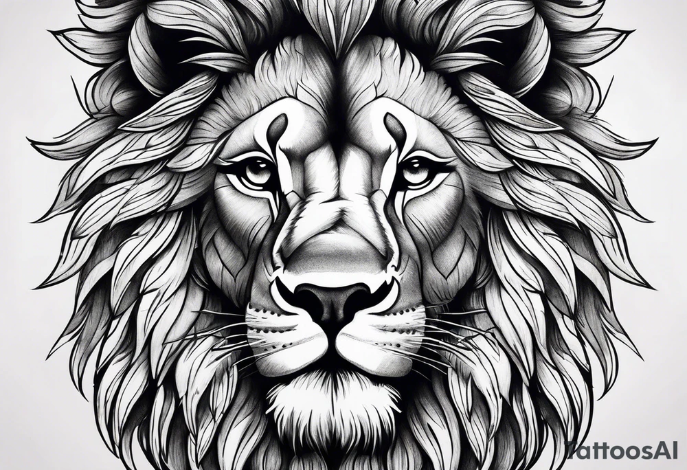 Feminine lion with feathers floral tattoo idea