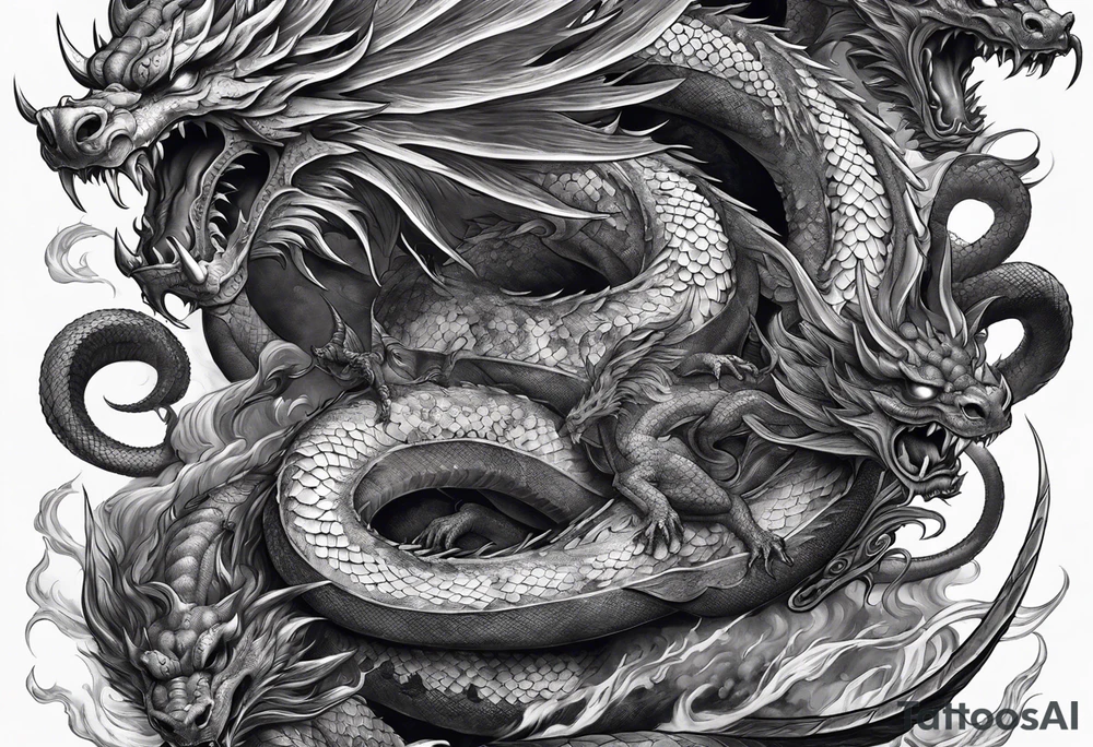 Full back piece depicting the war between angels above killing a demonic snake dragon below tattoo idea Full back piece depicting the war between angels above killing a demonic snake dragon below tattoo idea