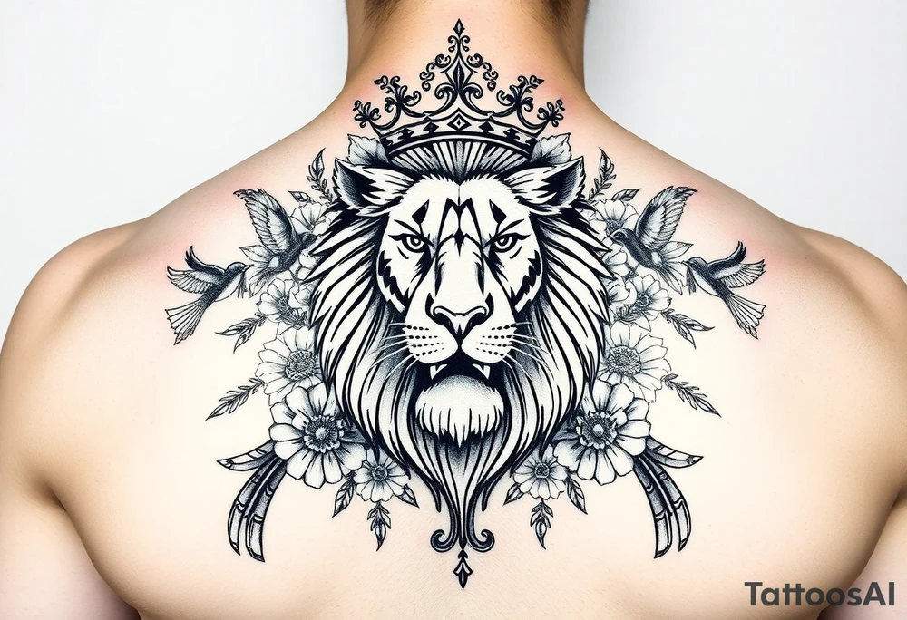 powerful majestic lion with a crown, surrounded by floral ornaments and birds tattoo idea