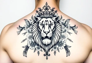 powerful majestic lion with a crown, surrounded by floral ornaments and birds tattoo idea