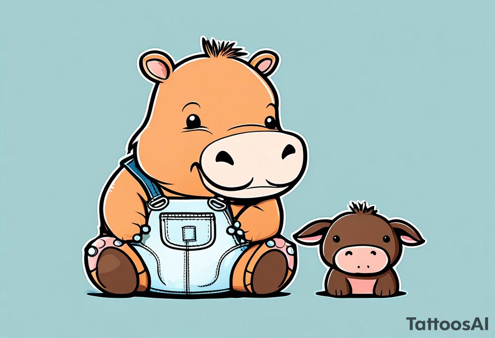 Baby hippo wearing overalls and holding a stuffed moose tattoo idea