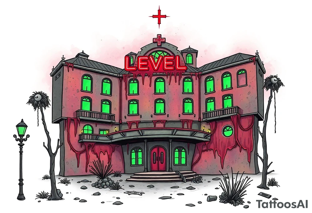 Tim Burton’s vegas sex hotel from outside viewis abandoned and dripping with muted reds, dusty pinks, and eerie green glow. tattoo idea tattoo idea
