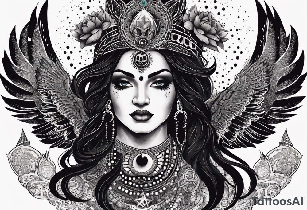 black kali, goddess pirate, alien, angel, pachamama, valkrye, warrior, flying, skull, lotus azul, wing, eagle, zenza resonance, stars, 5D, anahata chakra, death, durga, riding on a tiger, flying lady, kundalini, chest tatoo, samuri, rebel,s erpent tattoo idea