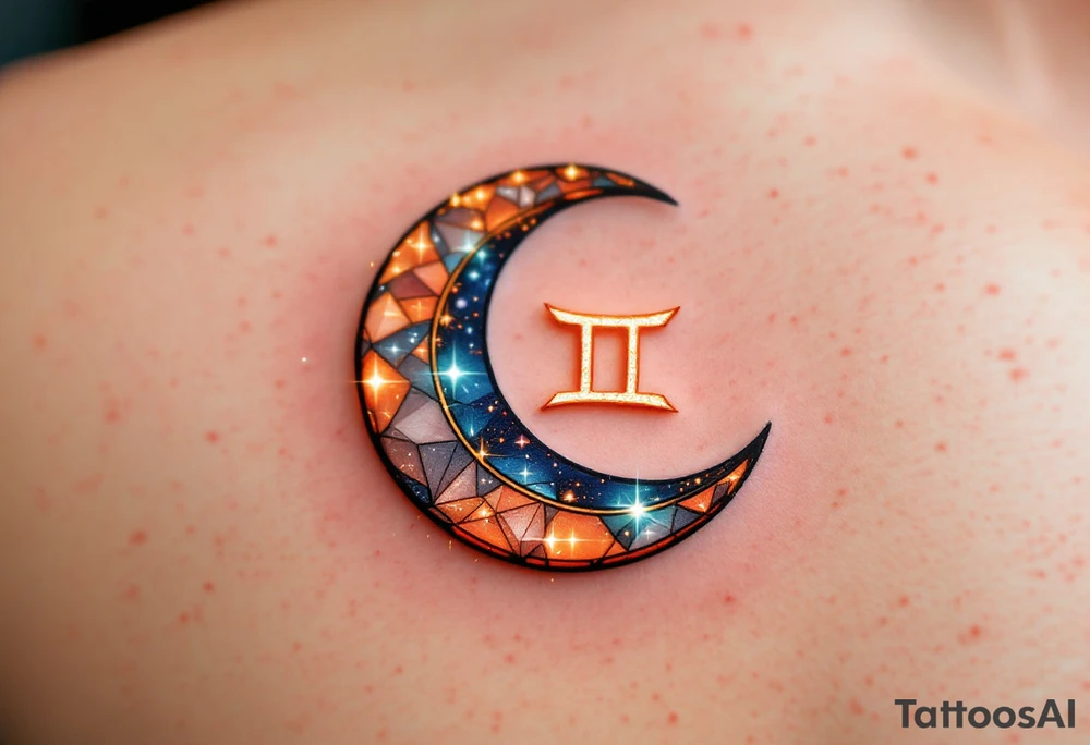 A crescent moon with a glowing Gemini symbol in the center, accented with oranges, blues, and shimmering whites. tattoo idea