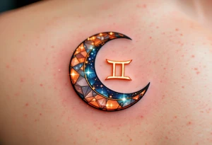 A crescent moon with a glowing Gemini symbol in the center, accented with oranges, blues, and shimmering whites. tattoo idea