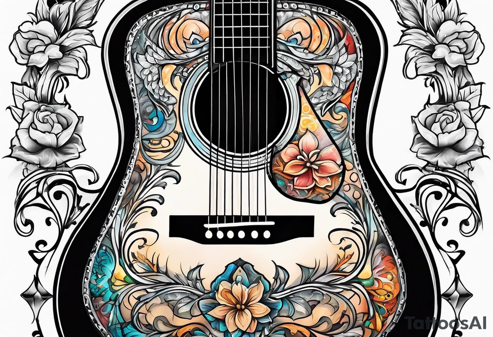 Full Acoustic guitar design tattoo idea