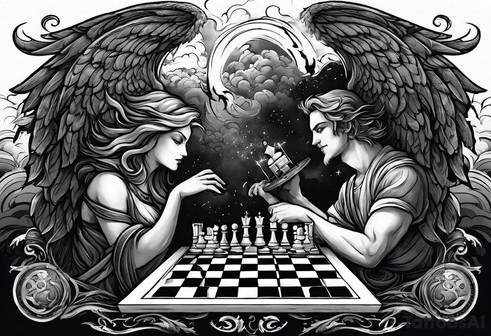 Depict an angel and demon playing chess on a board that morphs from celestial clouds to fiery inferno, representing the merging of the spiritual realms in the eternal game tattoo idea