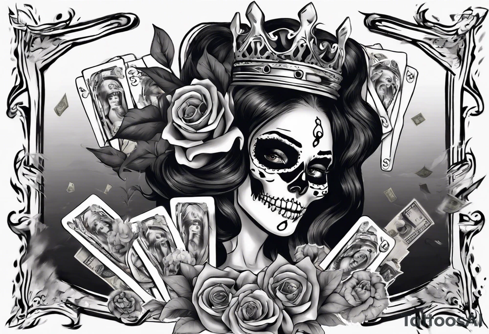 santa la muerta with money and crown
on the card tattoo idea