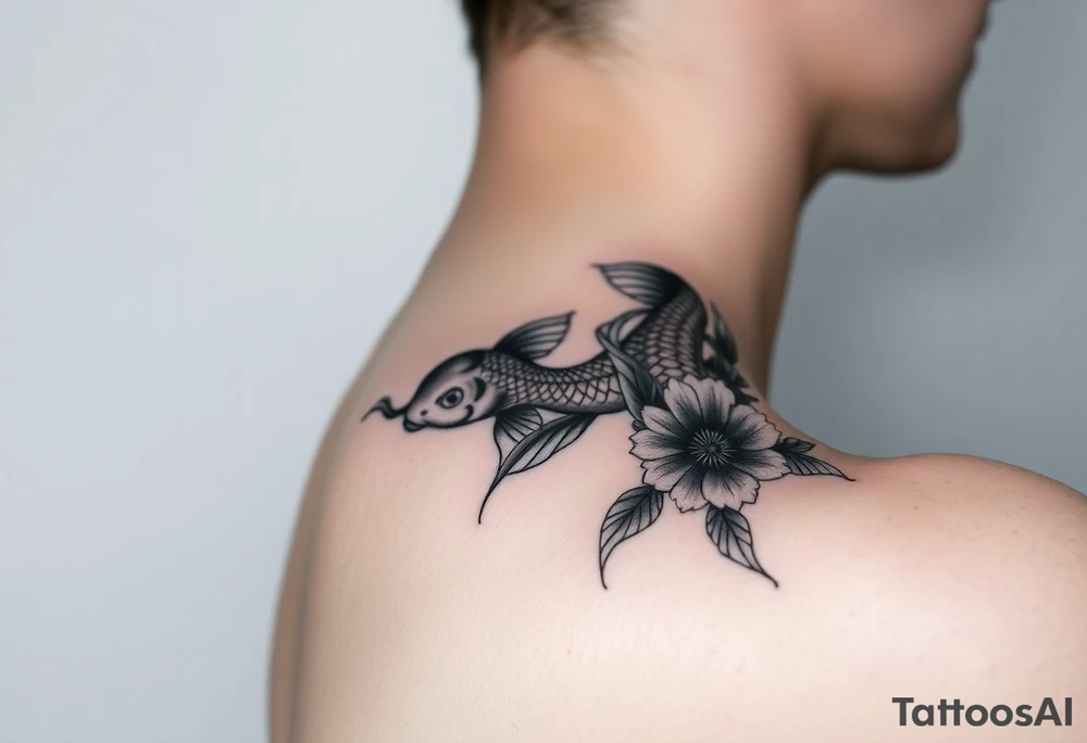 I want the tattoo starting at my collar bone, and I want it to go down my arm, but doesn’t go past my elbow. I want my middle name, Sané” on my collarbone area and I want the red and black koi fish too on my shoulder area. And I want flowers that represent healing, happiness, and peace and purity. tattoo idea