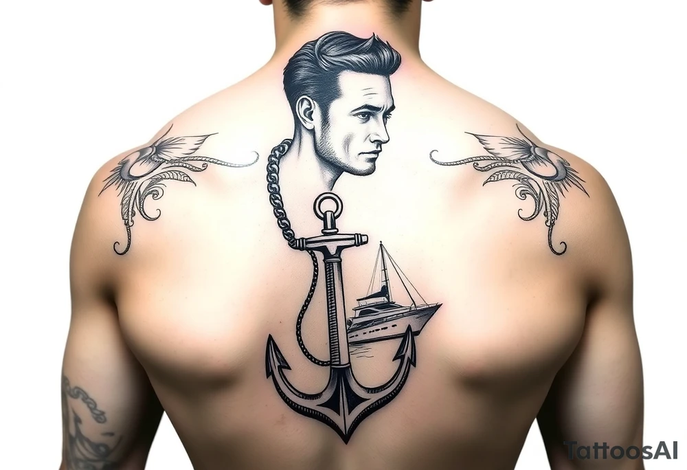 bold man with anchor and yacht tattoo idea