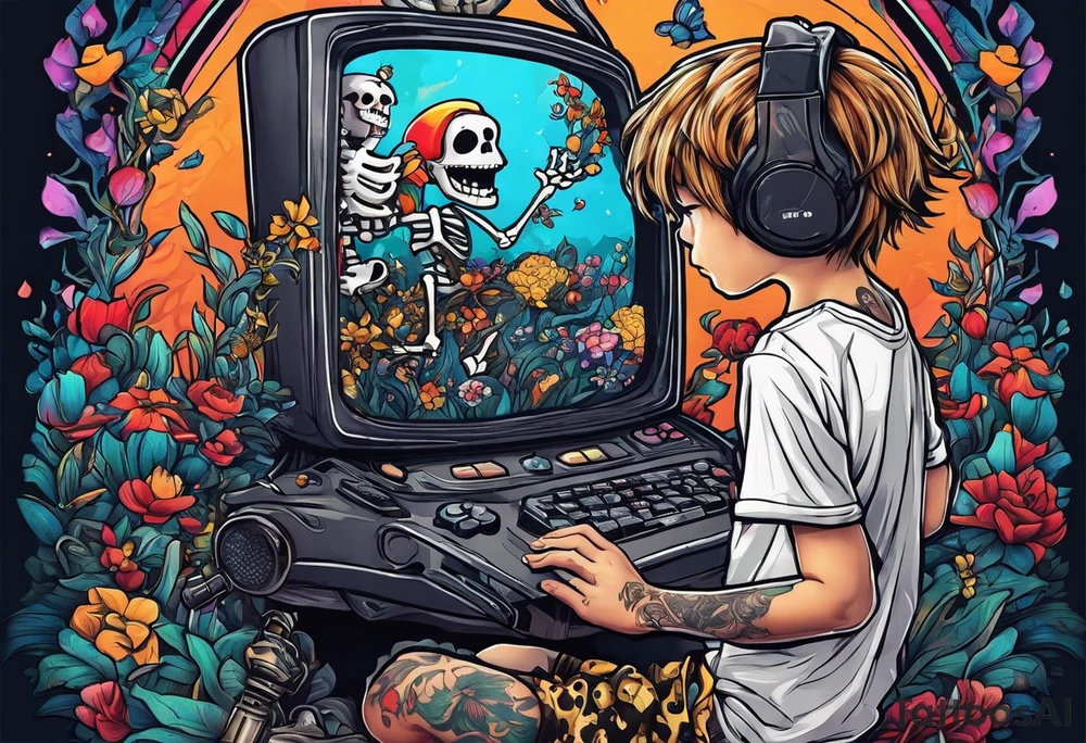 Kid wearing a one piece skeleton costume playing video games tattoo idea