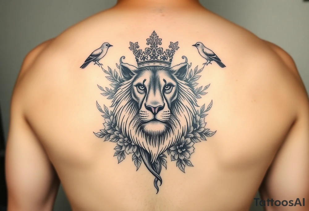 powerful majestic lion with a crown, surrounded by floral ornaments and birds tattoo idea