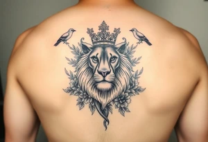 powerful majestic lion with a crown, surrounded by floral ornaments and birds tattoo idea