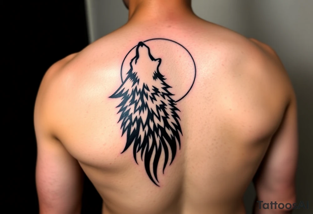 lone wolf howling at full moon with northern lights backdrop tattoo idea
